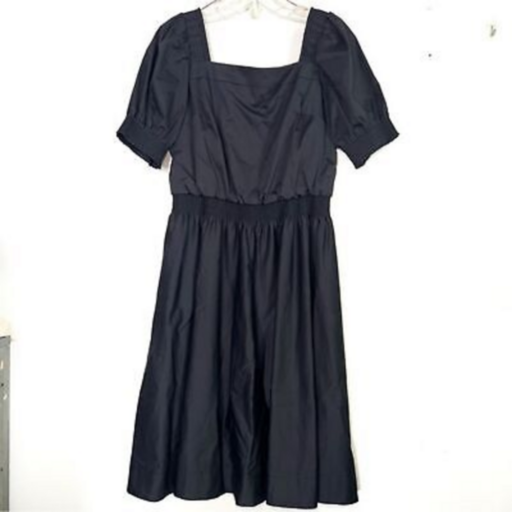 Gal Meets Glam Anastasia Midi Dress Navy Blue Smocked Puff Sleeve - 10